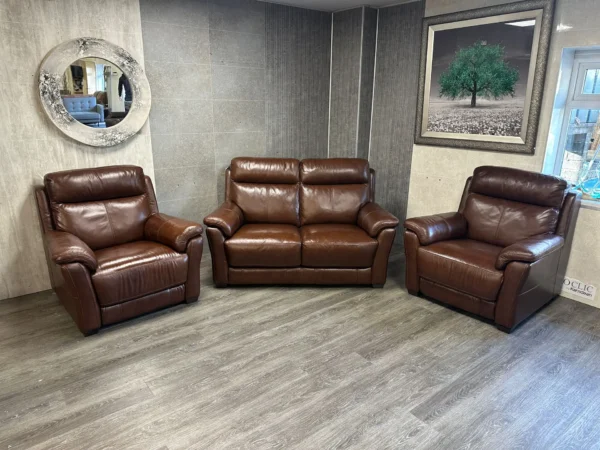 Furniture Village Brown Leather 2 Seater Sofa & 2 Armchairs Electric Recliners