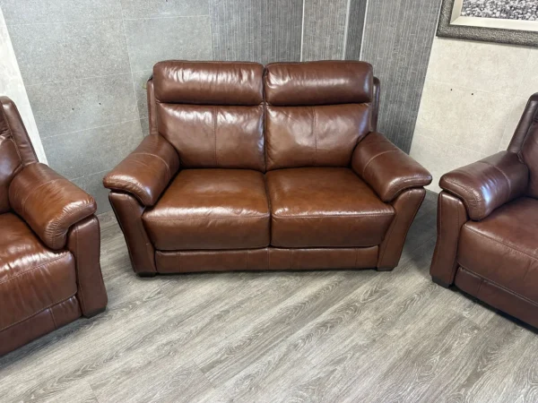 Furniture Village Brown Leather 2 Seater Sofa & 2 Armchairs Electric Recliners - Image 2