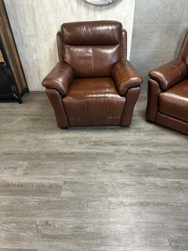 Furniture Village Brown Leather 2 Seater Sofa & 2 Armchairs Electric Recliners - Image 4