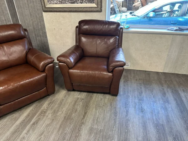 Furniture Village Brown Leather 2 Seater Sofa & 2 Armchairs Electric Recliners - Image 3