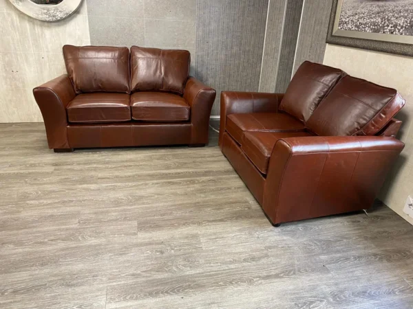 M & S Chestnut Brown Leather 2.5 Seater Sofa & 2 Seater Sofa Set Ex Display - Image 3