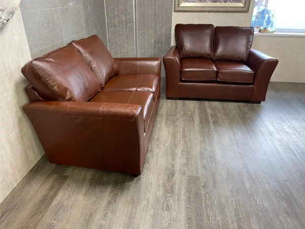 M & S Chestnut Brown Leather 2.5 Seater Sofa & 2 Seater Sofa Set Ex Display - Image 2