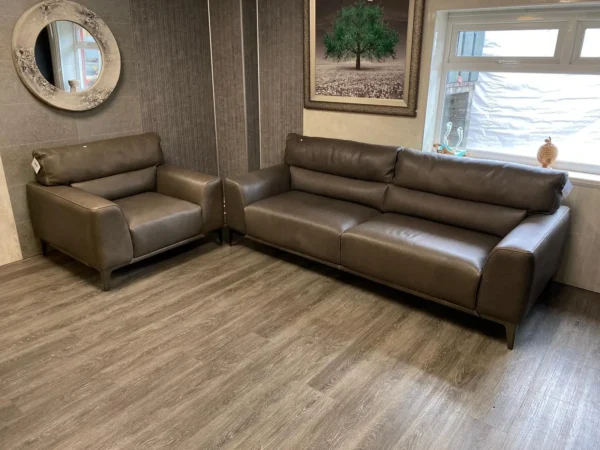 Grey Italian Leather 3 Seater Sofa & Armchair