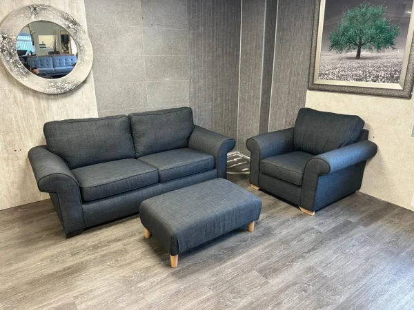 Ex Display Sofology Ashford Como Charcoal All Over  3 Seater Sofa & Armchair With Footstool