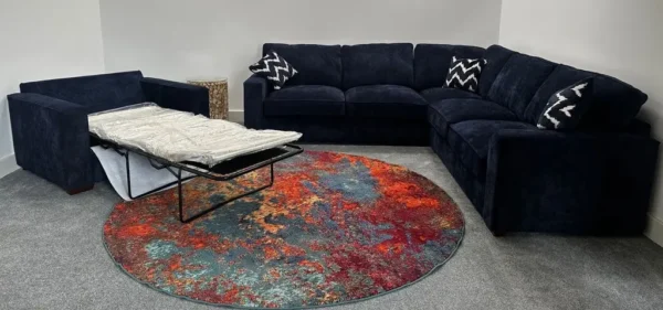 Fabb Dillon Large Navy Blue Fabric Corner Sofa & Deluxe Sofa Bed Cuddler Chair - Image 4