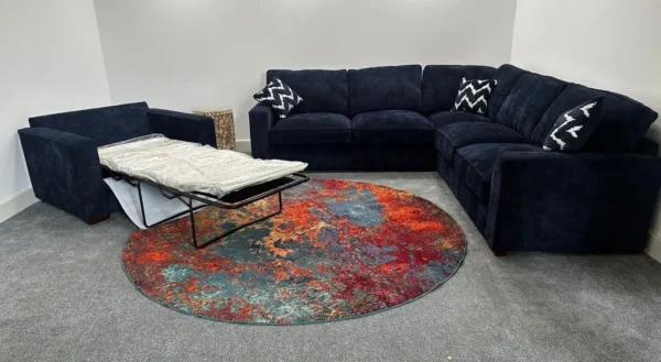 Fabb Dillon Large Navy Blue Fabric Corner Sofa & Deluxe Sofa Bed Cuddler Chair