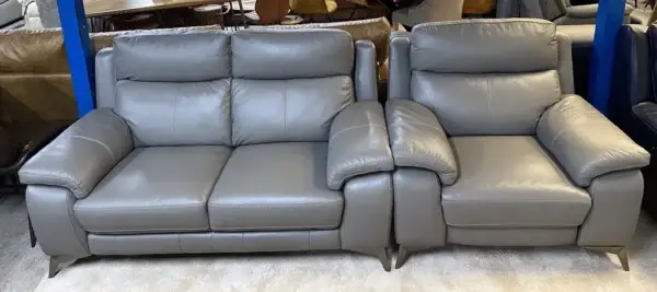 Furniture Village Missouri Grey Leather 3 & 2 Seater Sofas & Armchair